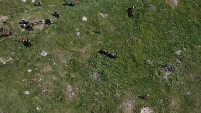 Luftaufnahme einer Alpweide mit nummerierten Kühen und ihren Besitzern